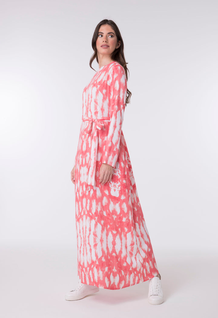 Choice Tie Dye Belted Long Dress Coral-Print - Wardrobe Fashion