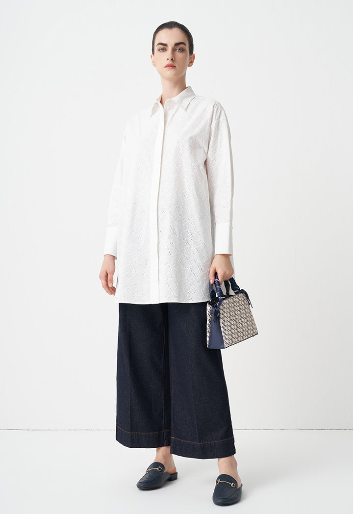 Choice Solid Monogram Schiffli Shirt  Off White