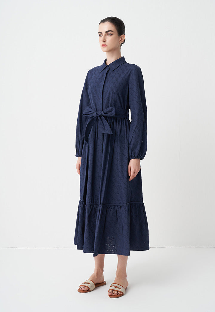 Choice Solid Monogram Belted Shirt Dress Navy