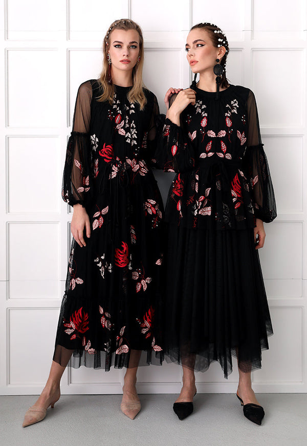 Choice Floral Embroidered Chiffon Dress Black - Wardrobe Fashion