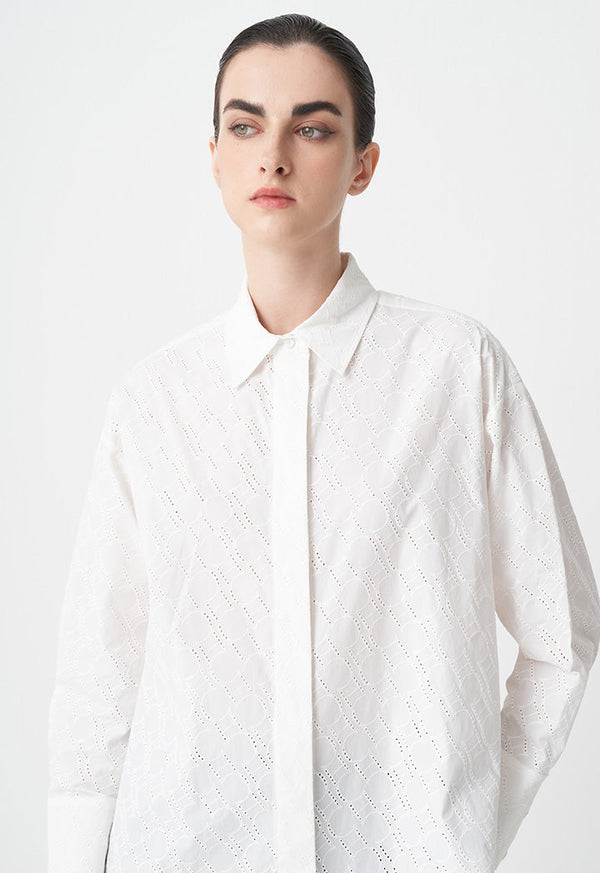 Choice Solid Monogram Schiffli Shirt  Off White