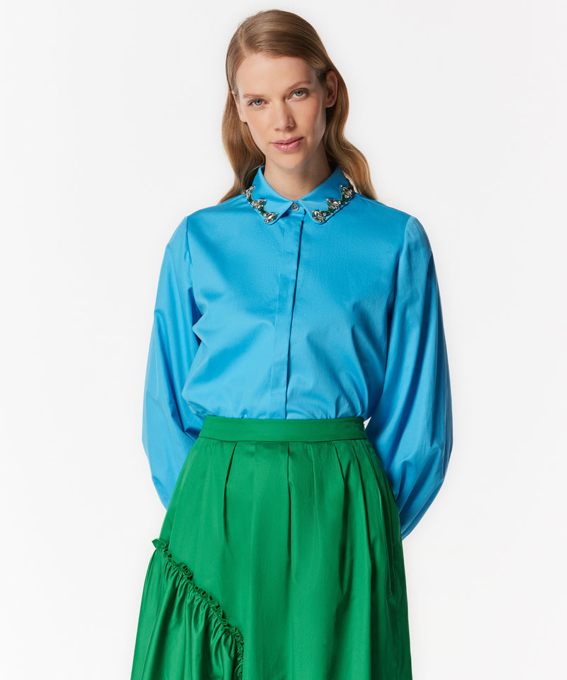 Machka Embellished Collar Solid Shirt Blue