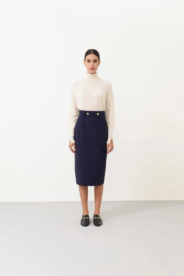 Roman Button Detailed Midi Skirt Navy