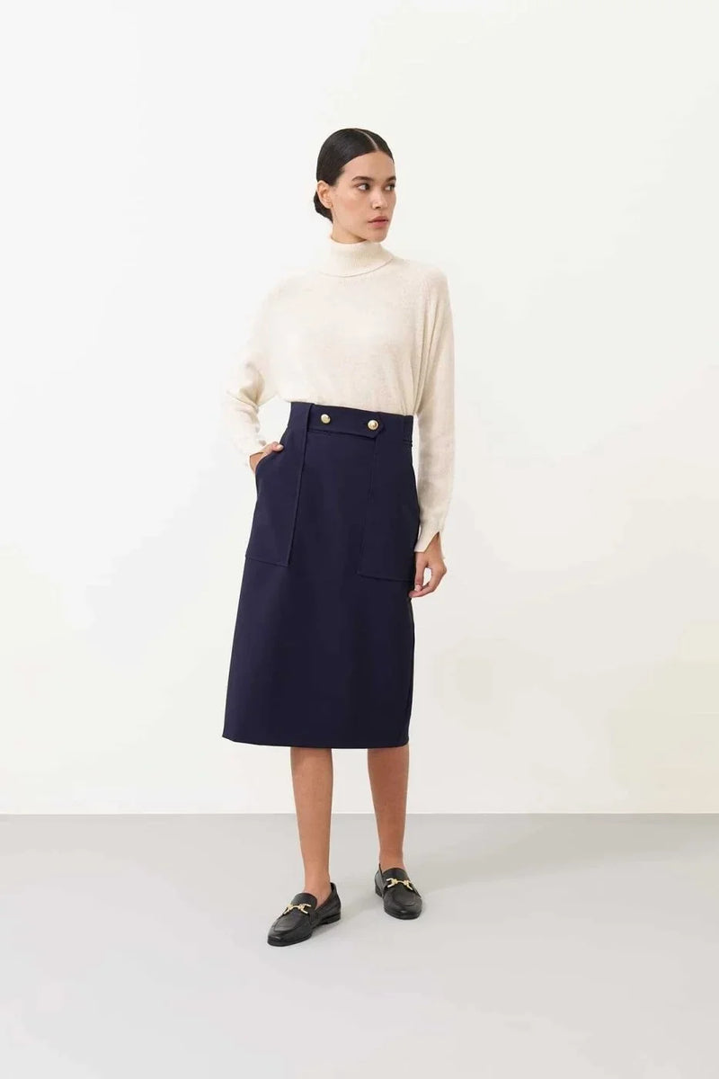 Roman Button Detailed Midi Skirt Navy