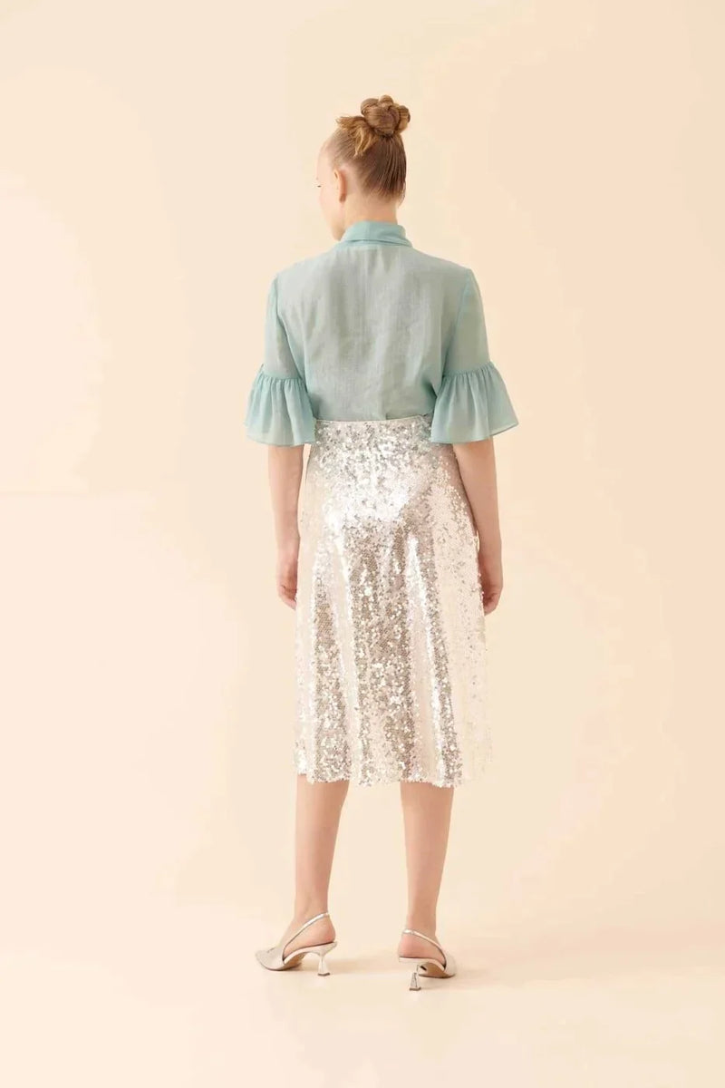 Roman Sequin Midi Skirt Silver