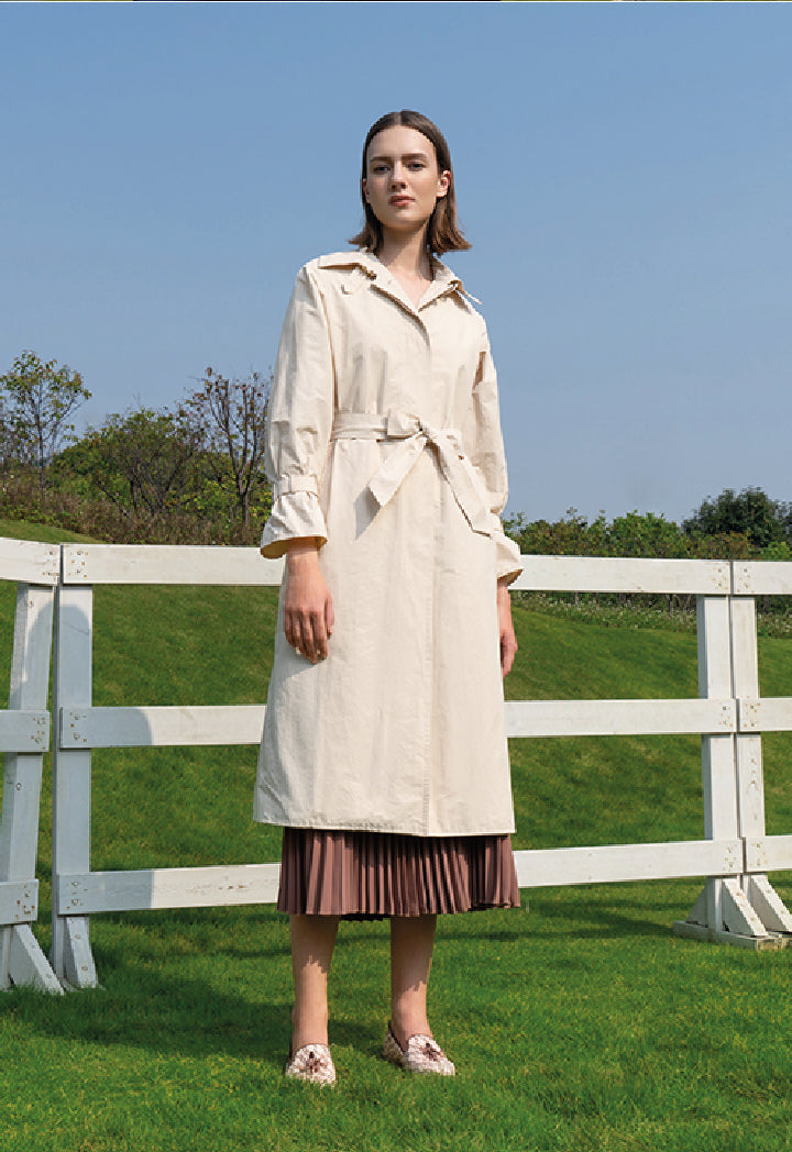 Choice Solid Long Sleeves Belted Maxi Jacket  Beige