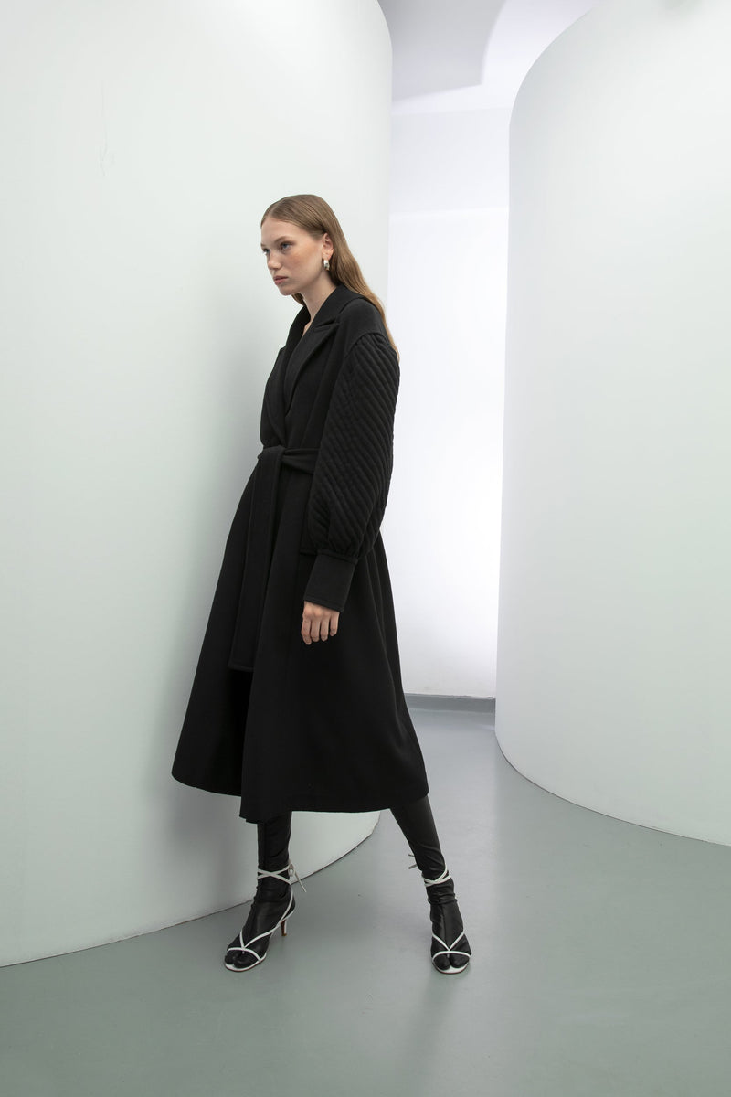 Baqa Quilted Sleeve Belted Coat Black