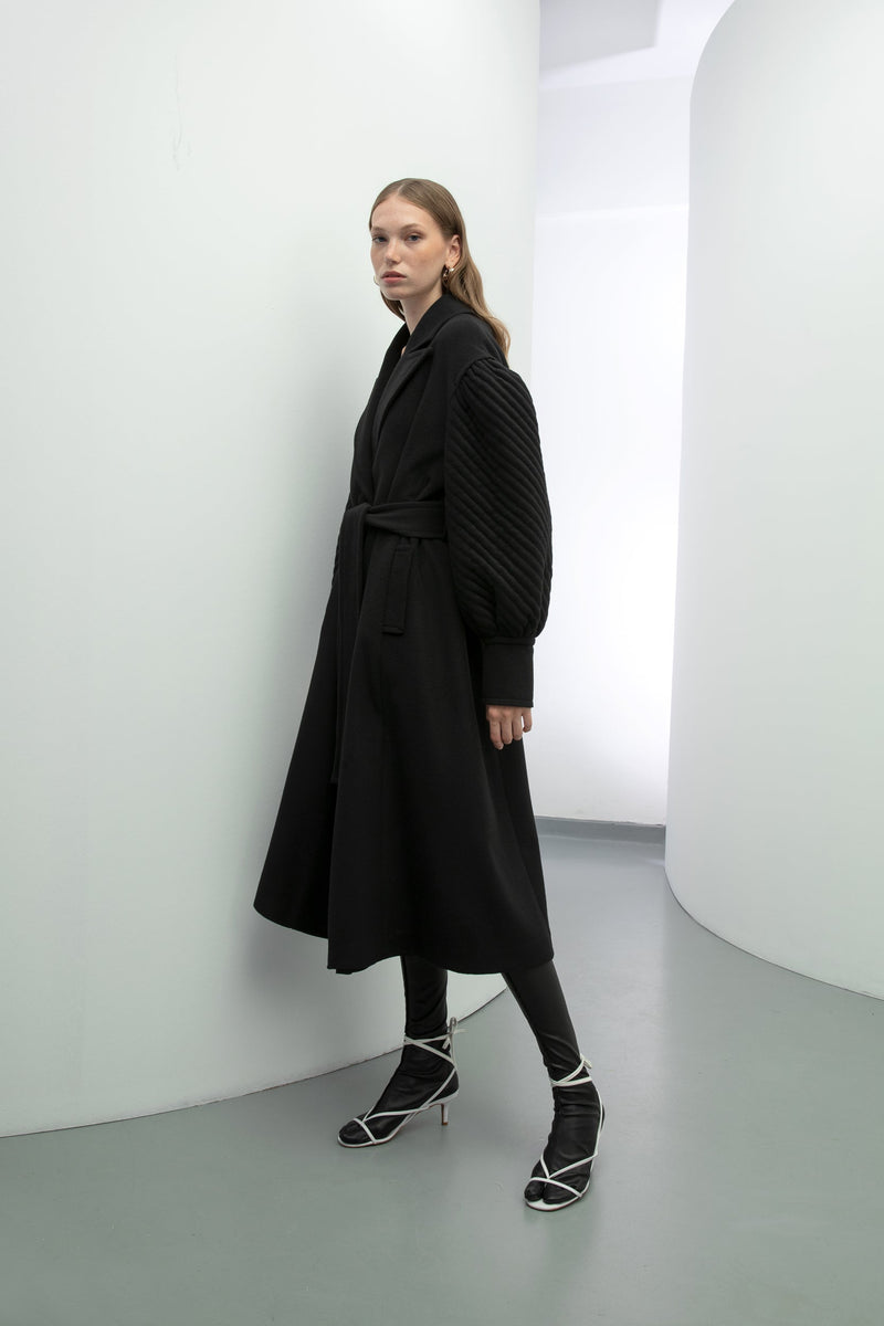 Baqa Quilted Sleeve Belted Coat Black