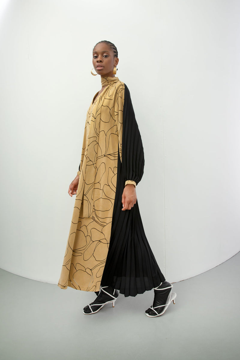 Baqa Embroidered Pleated Dress Camel