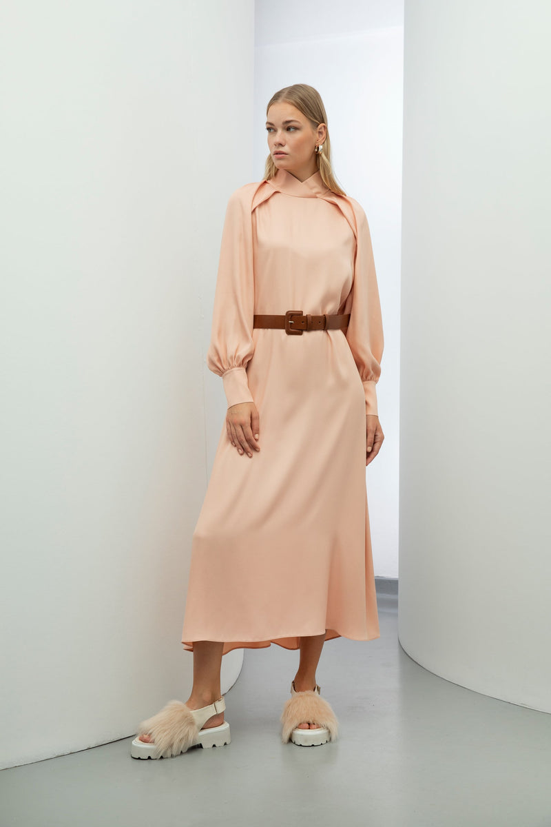 Baqa Collar Detail Belted Dress Powder