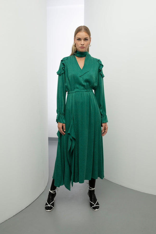 Baqa Ruffle Detail Midi Dress Green