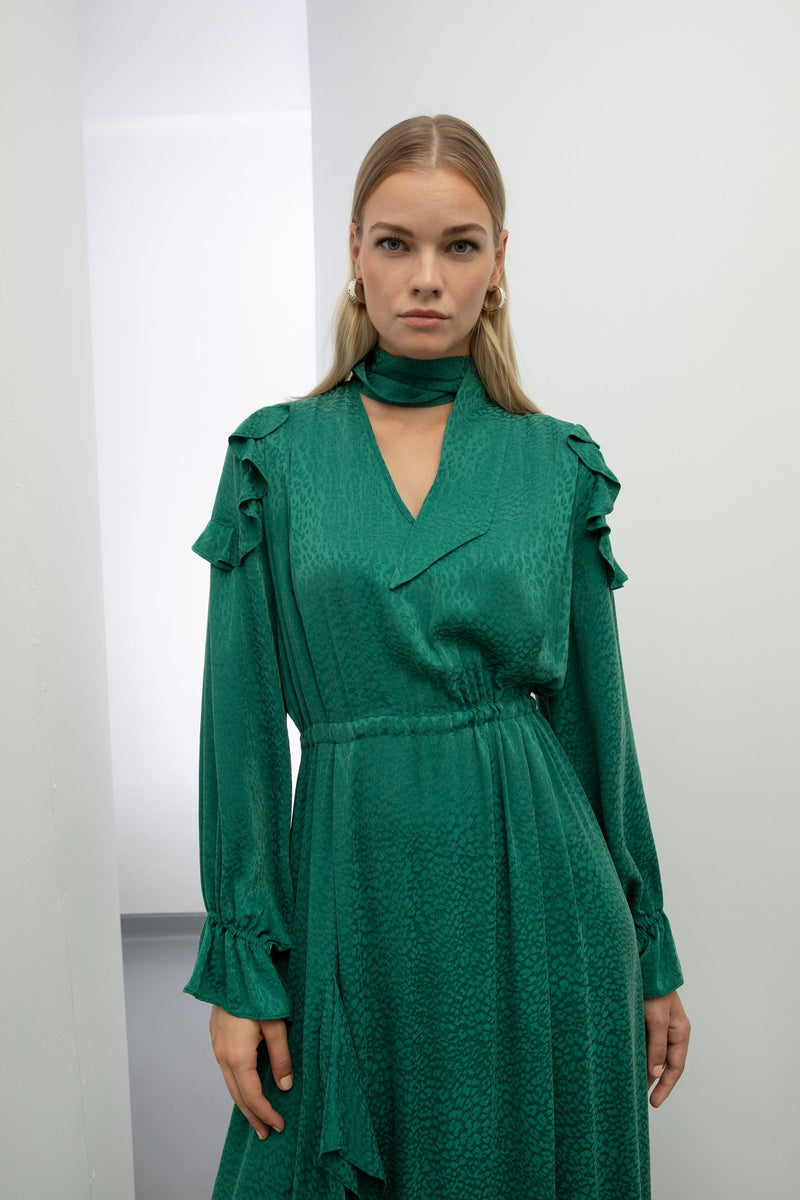 Baqa Ruffle Detail Midi Dress Green