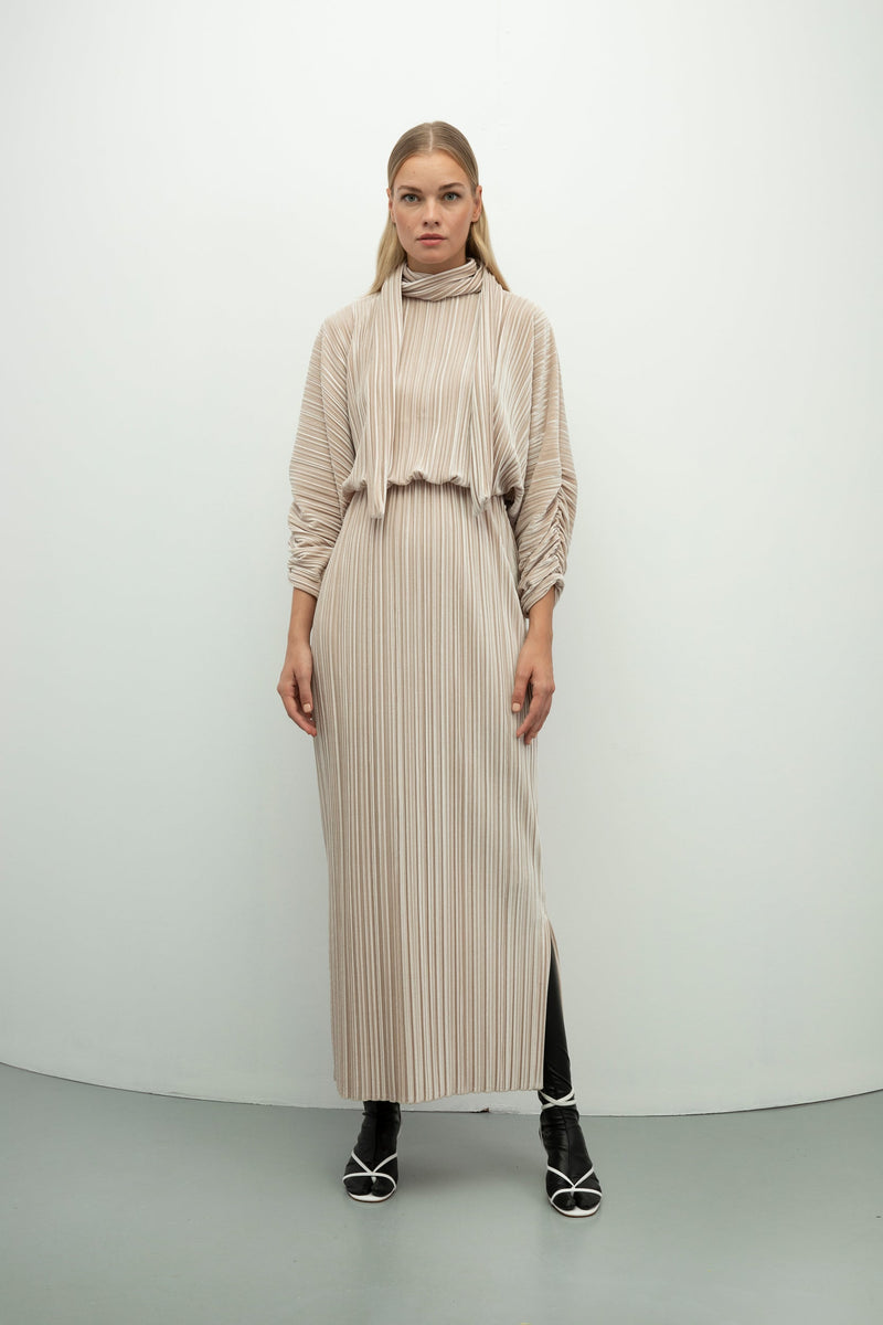 Baqa Pleated Velvet Maxi Dress Beige