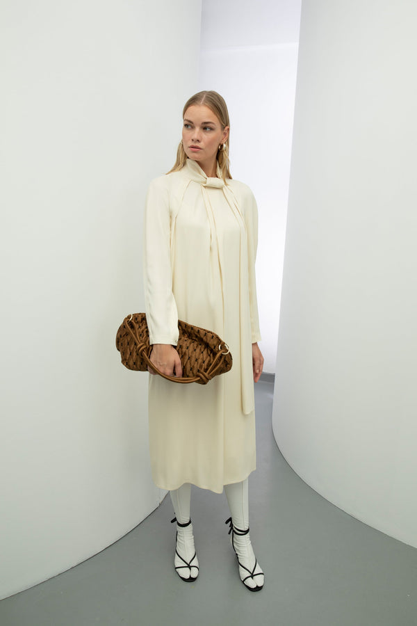 Baqa Collar-Tie Detail Dress Cream