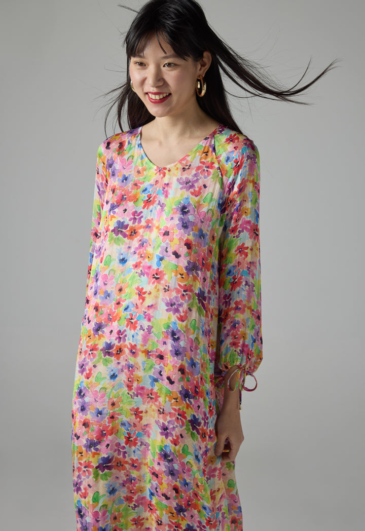 Choice Long Sleeve Floral Print Dress Multi Color