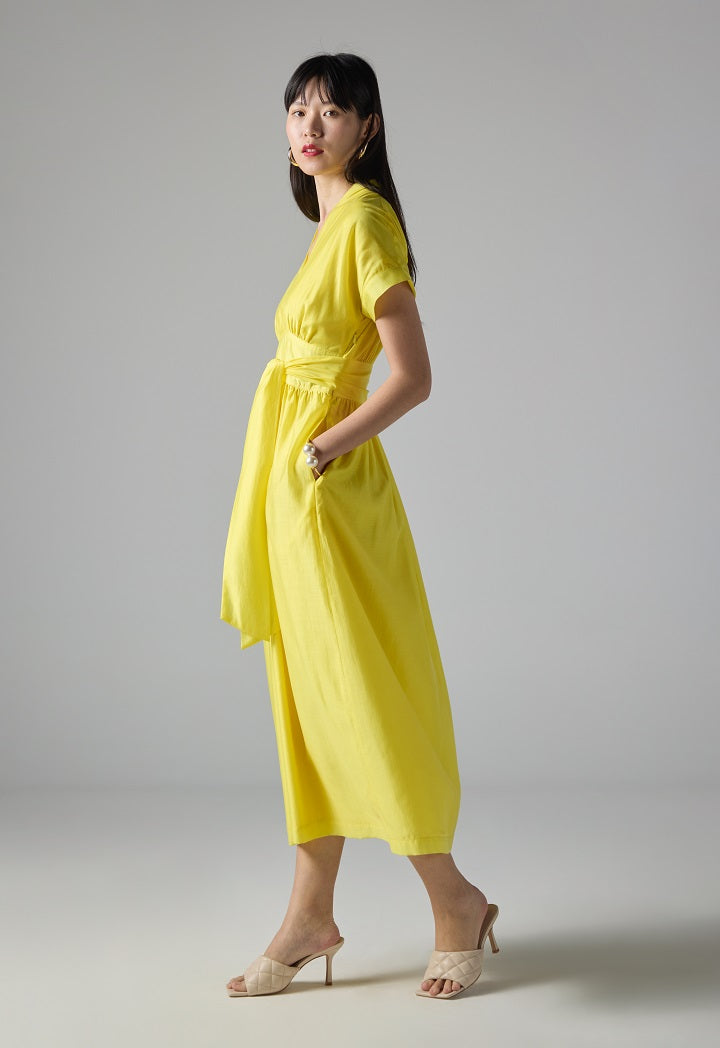 Choice Solid Short Sleeve Belted Dress Yellow