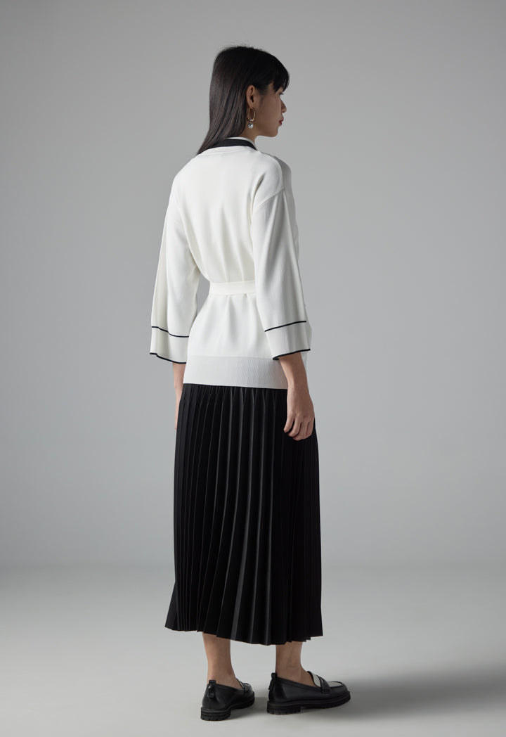 Choice Contrast Knitted Belted Cardigan Off White