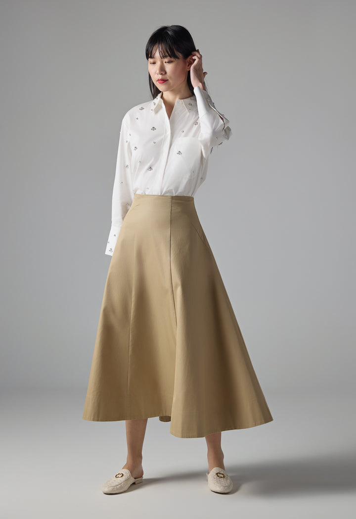 Choice Flared Maxi Solid Skirt Beige