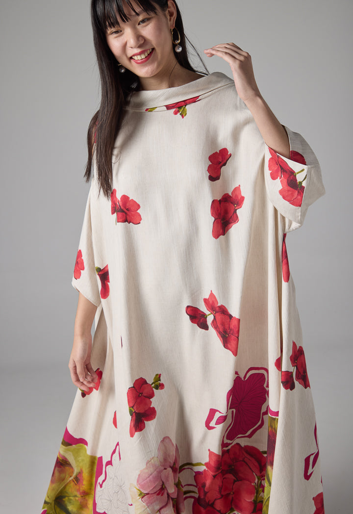 Choice Cutout Sleeve Floral Dress Cream