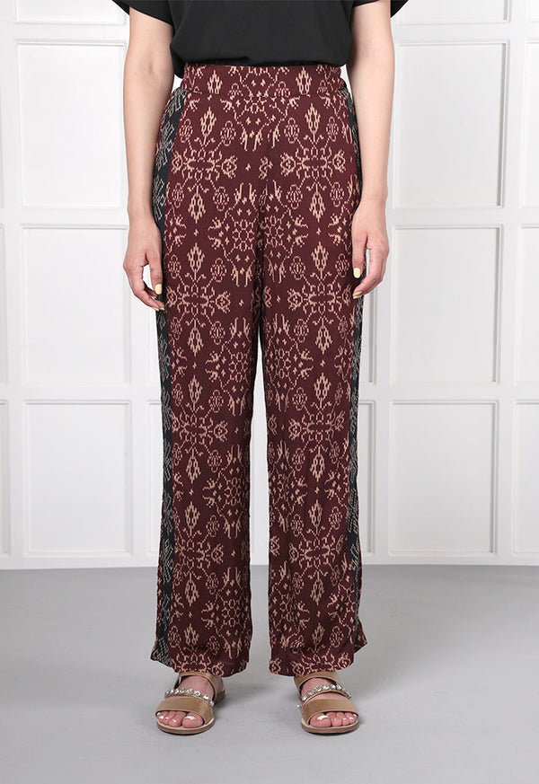 Choice Straight Leg Printed Pants Burgundy - Wardrobe Fashion