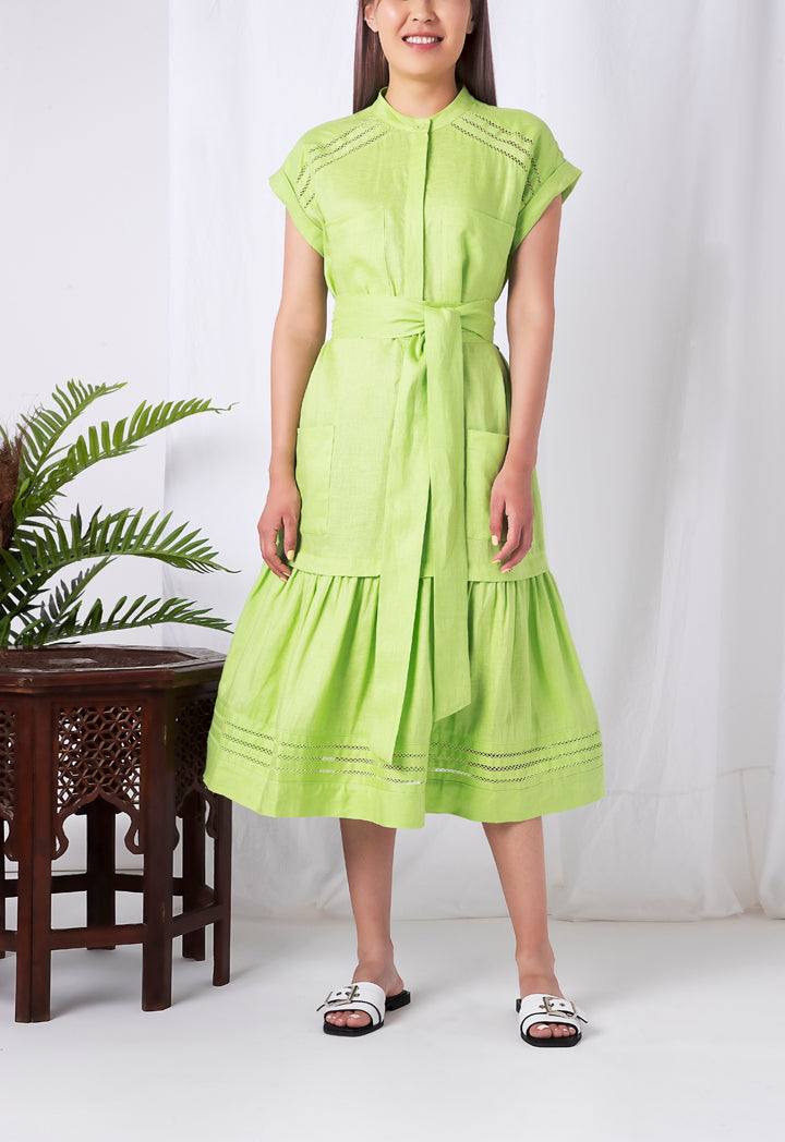 Choice Patch Pocket Ruffle Trim Dress Green - Wardrobe Fashion