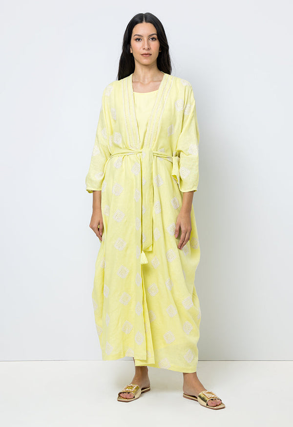 Choice Embroidered Sequins Kimono Sleeves Abaya Yellow