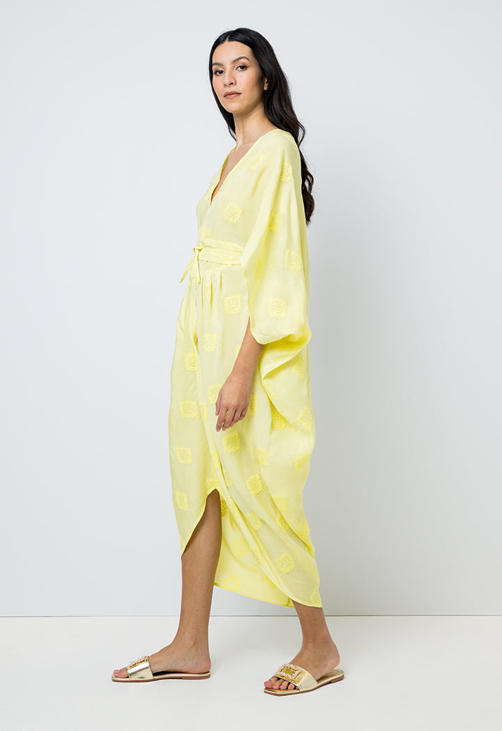 Choice Embroidered Sequins Short Sleeves Kaftan Yellow