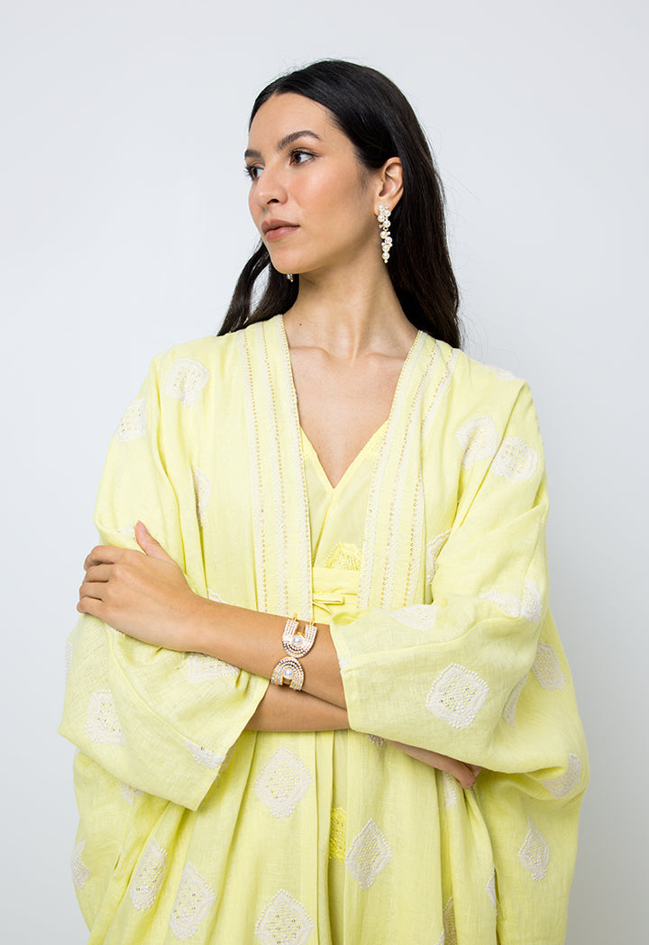 Choice Embroidered Sequins Short Sleeves Kaftan Yellow