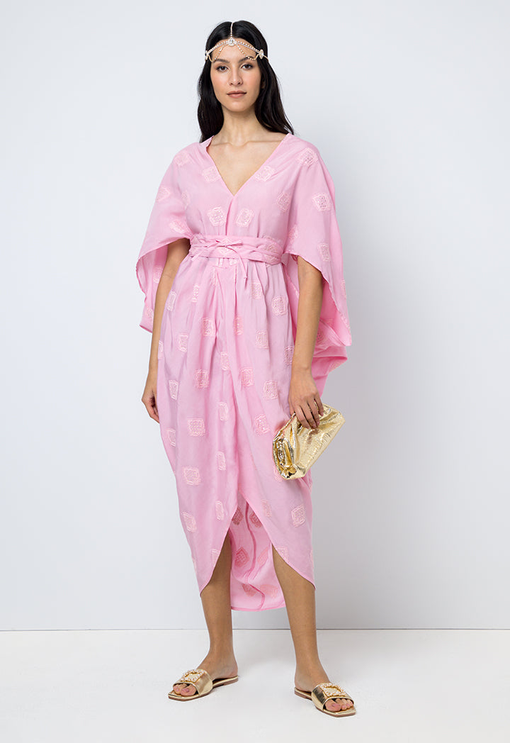 Choice Embroidered Sequins Short Sleeves Kaftan Pink