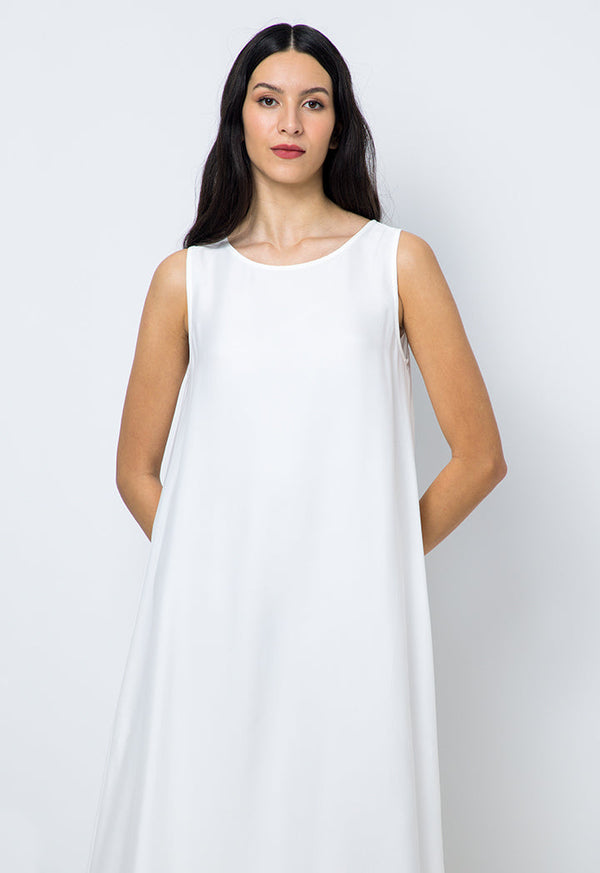 Choice Solid Sleeveless Crew Collar Dress Offwhite