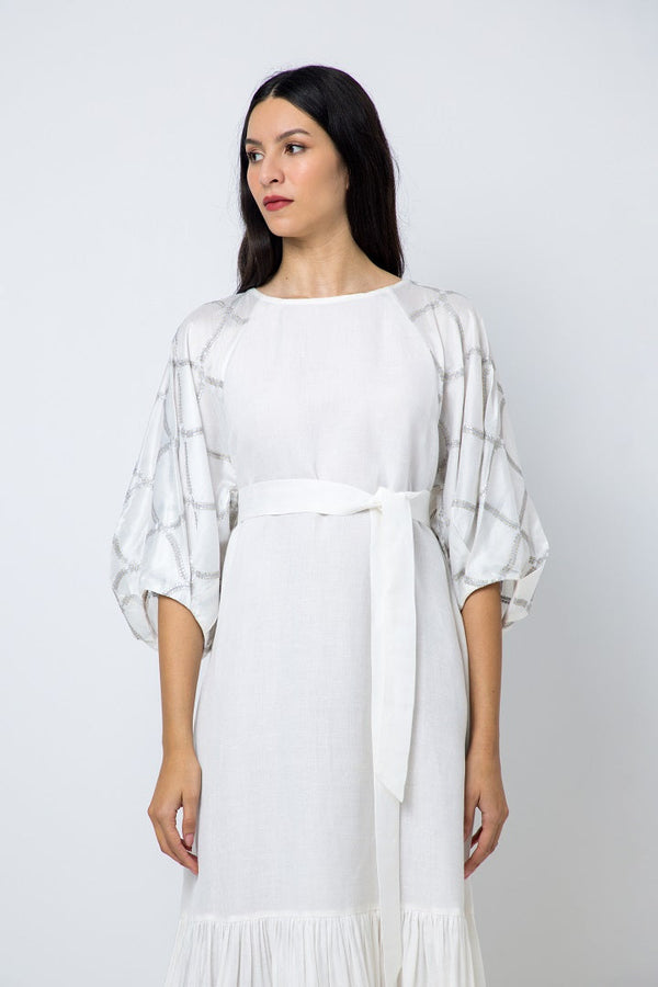 Choice Three Quarter Raglan Sleeves Belted Dress Offwhite