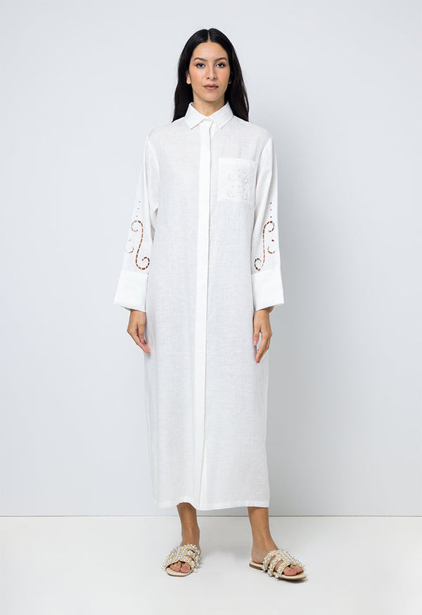 Choice Solid Embroidered Shirt Dress Offwhite