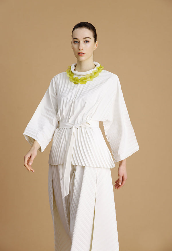 Choice Accordion Pleat Solid Kimono Blouse Cream