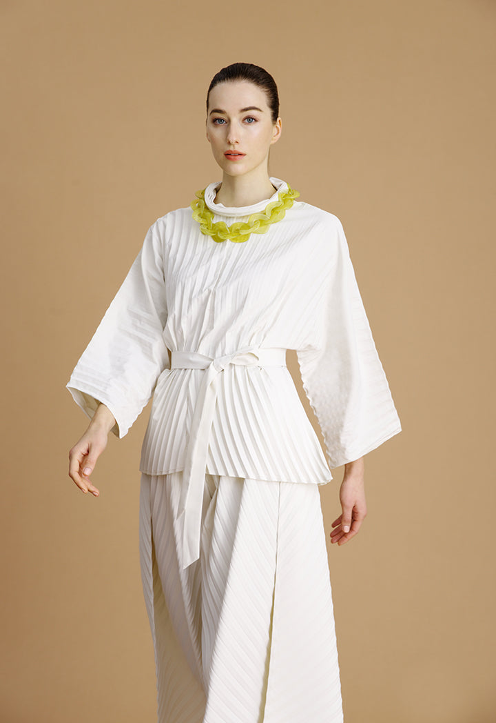 Choice Accordion Pleat Solid Kimono Blouse Cream