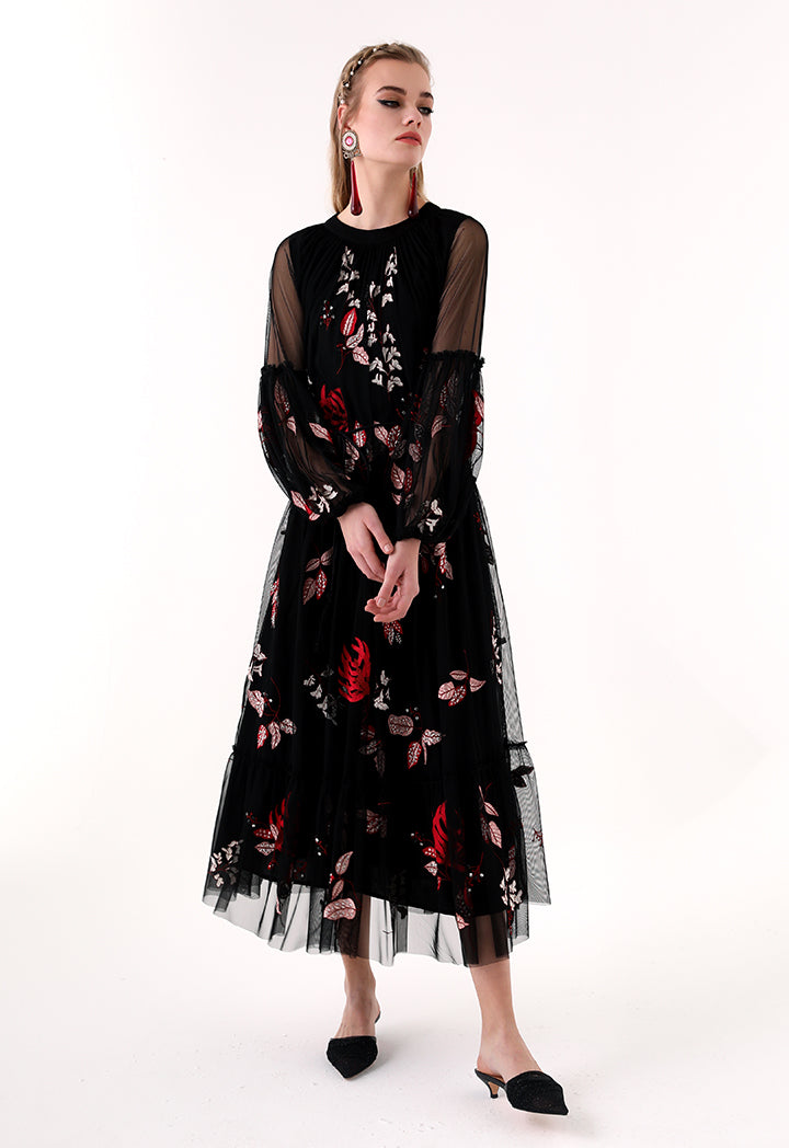 Choice Floral Embroidered Chiffon Dress Black - Wardrobe Fashion