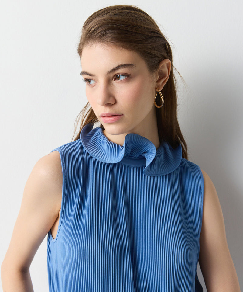 Ipekyol Ruffle Neck Sleeveless Pleated Dress Blue