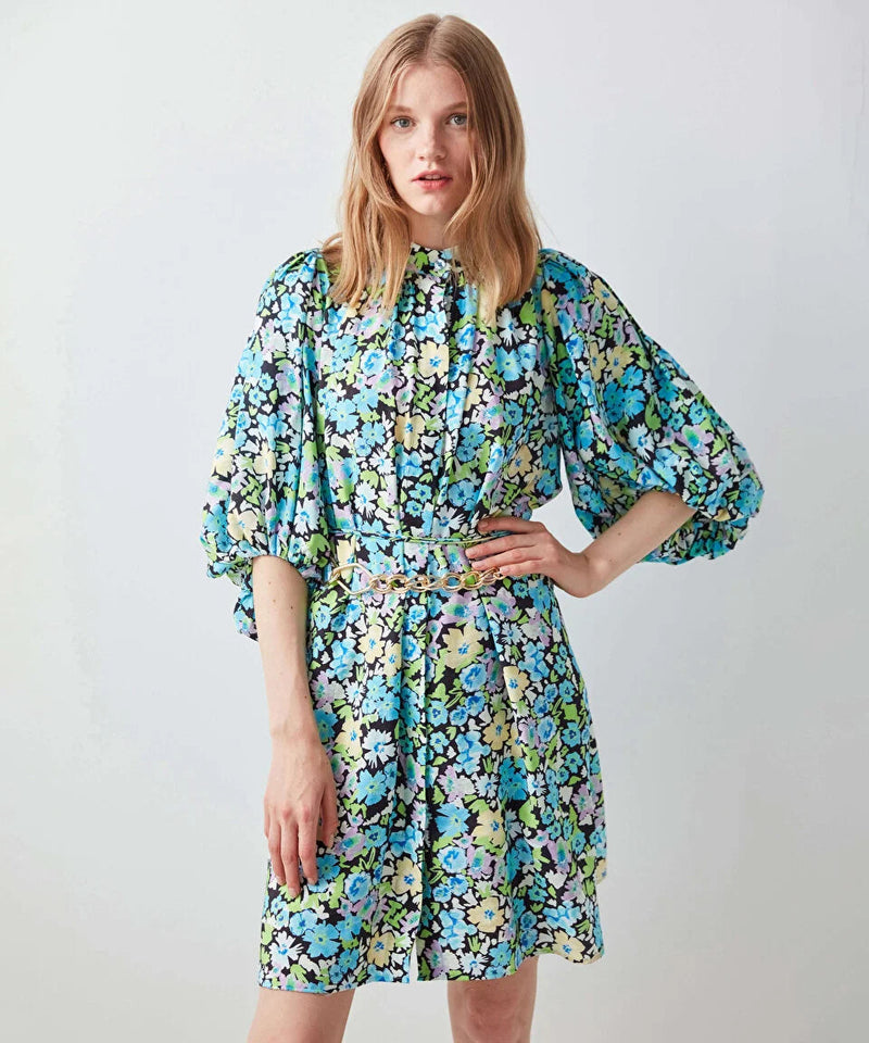 Ipekyol Balloon Sleeve Printed Short Dress Blue