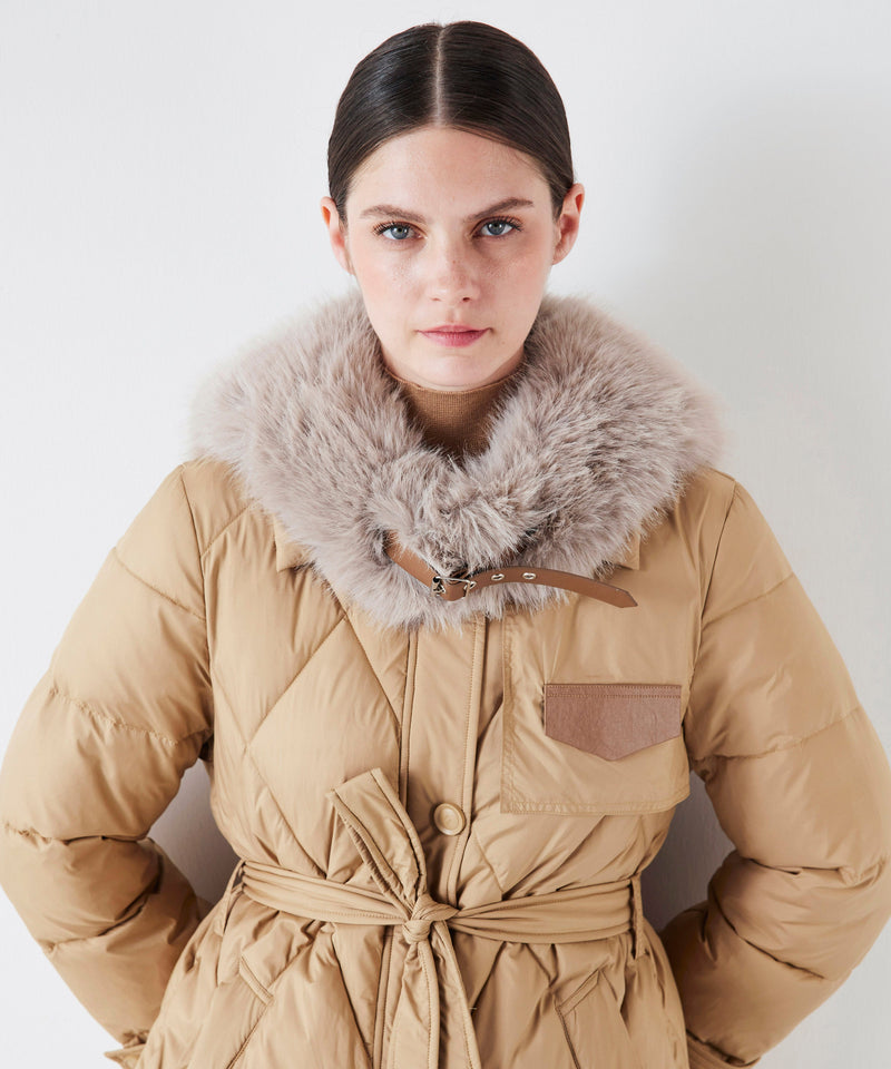 Ipekyol Puffer Jacket With Faux Fur Trim Natural