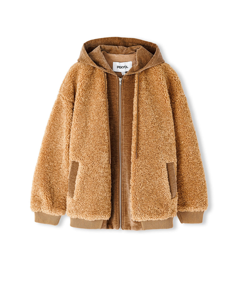 Ipekyol Fabric Mix Plush Coat Camel