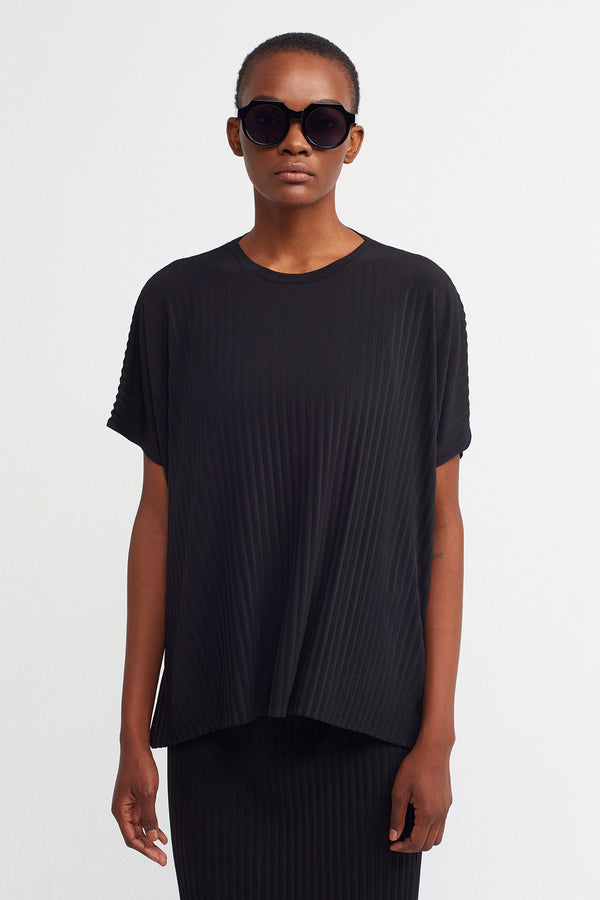 Nu  Short Sleeve Ribbed Blouse Black