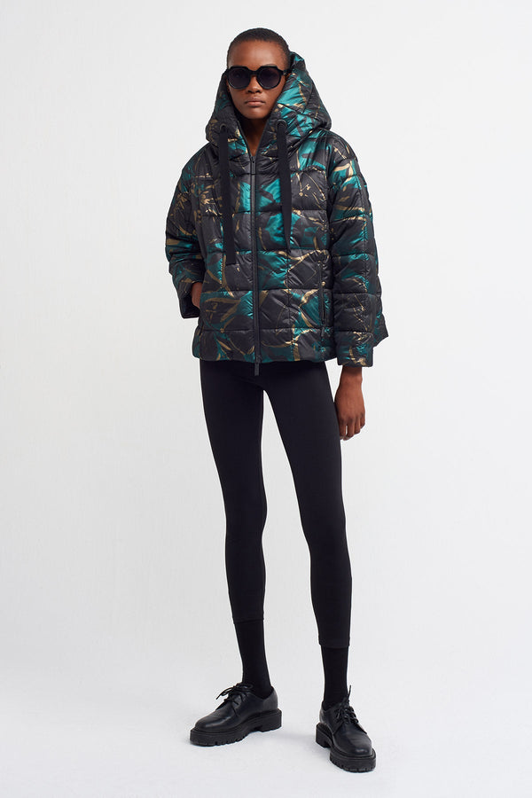 Nu  Printed Hooded Quilted Coat Printed