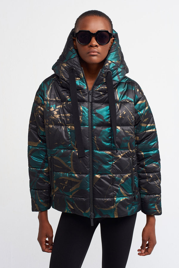 Nu  Printed Hooded Quilted Coat Printed