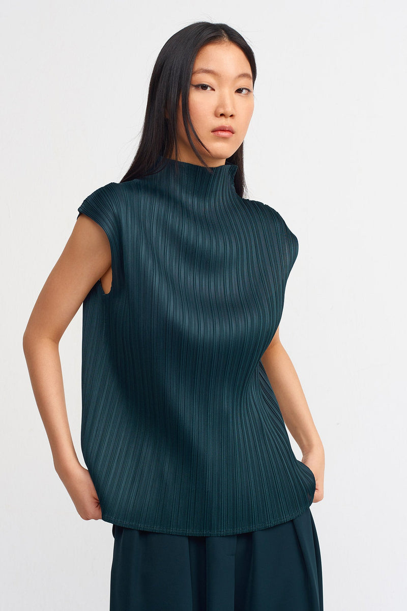 Nu Electric Pleated High Neck Solid Top Petrol