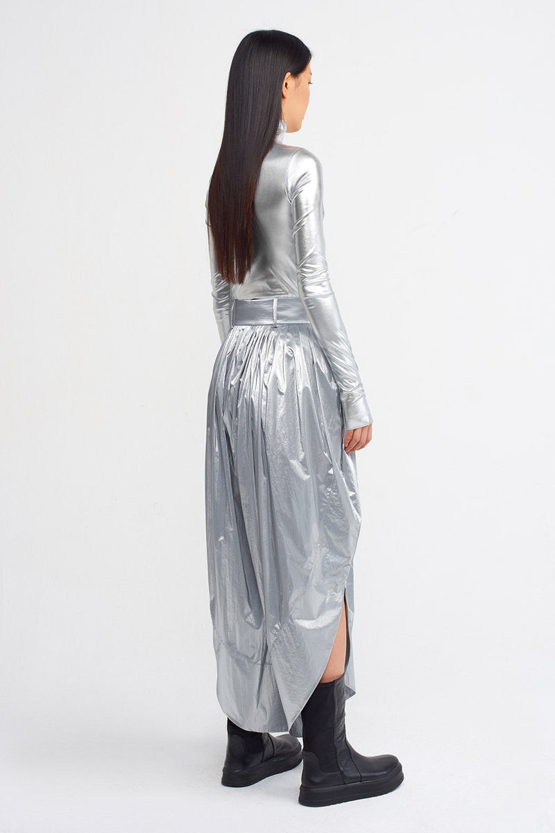 Nu Pleated Shiny Pants With Side Slit Platinum