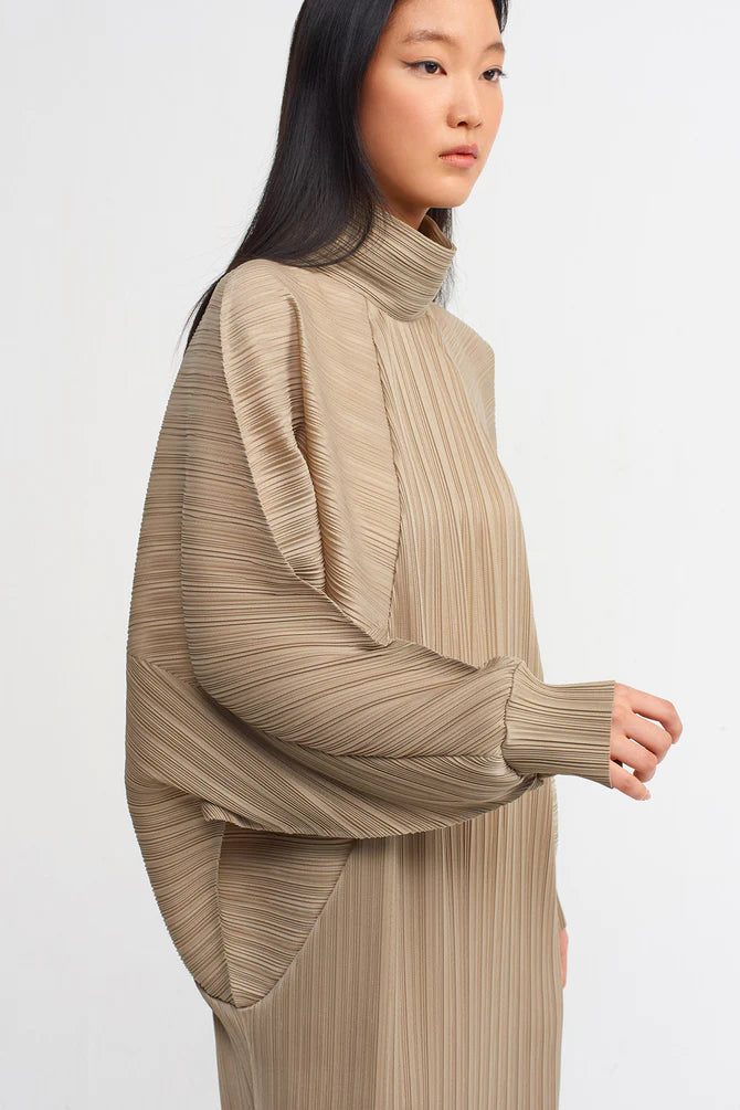 Nu Evenly Pleated Wide Sleeve Dress Bronze