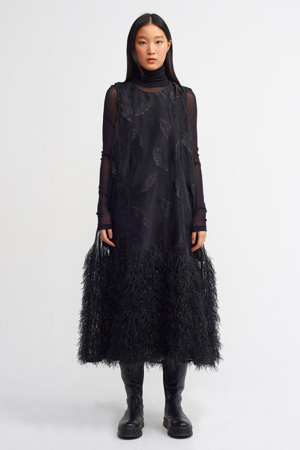 Nu Lurex Jacquard Dress With Fringed Hem Black