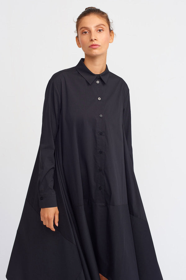 Nu Asymmetrical Flared  Dress With Placket Black