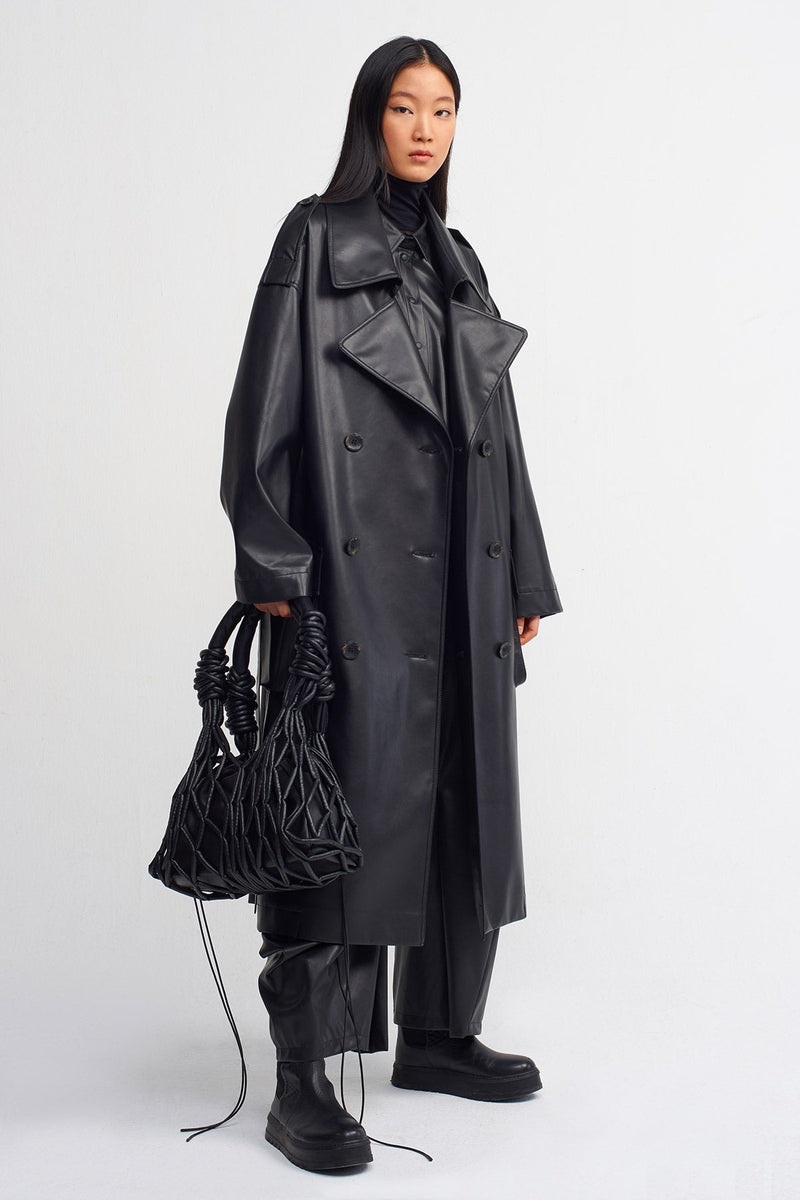 Nu Double Breasted Trendy Trench Coat Black