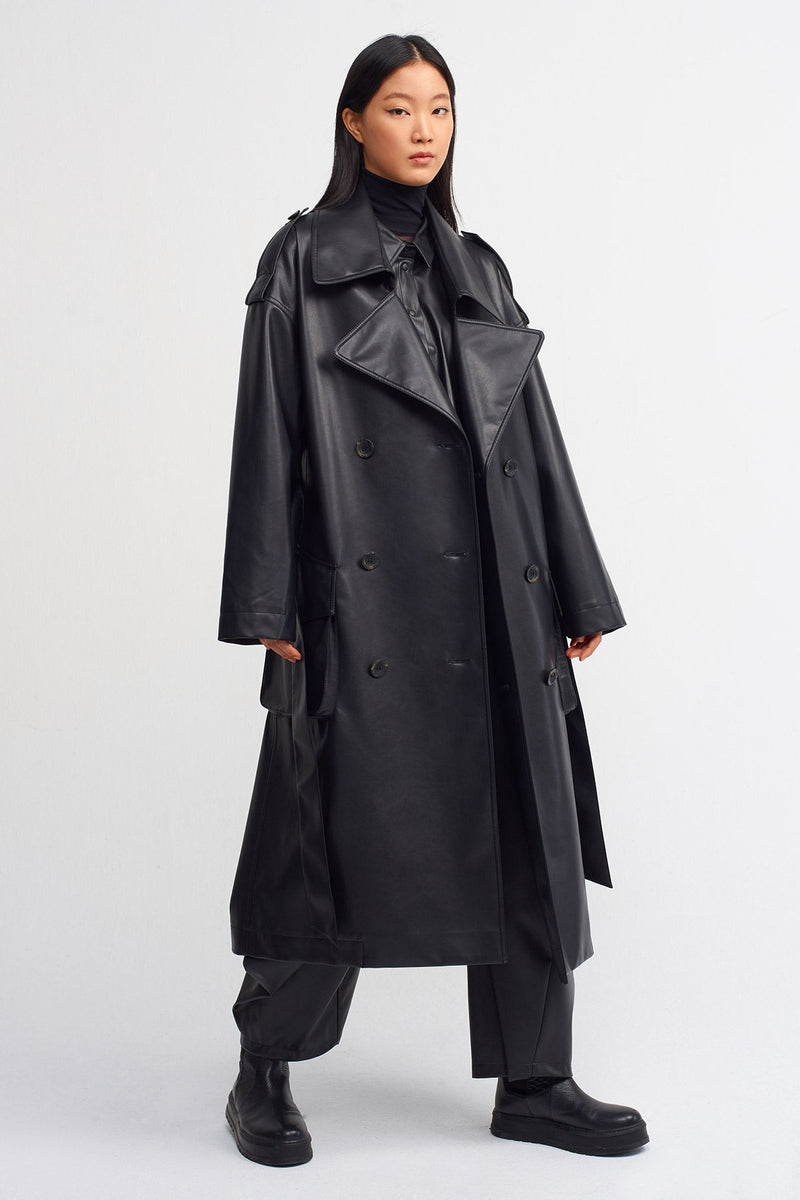 Nu Double Breasted Trendy Trench Coat Black