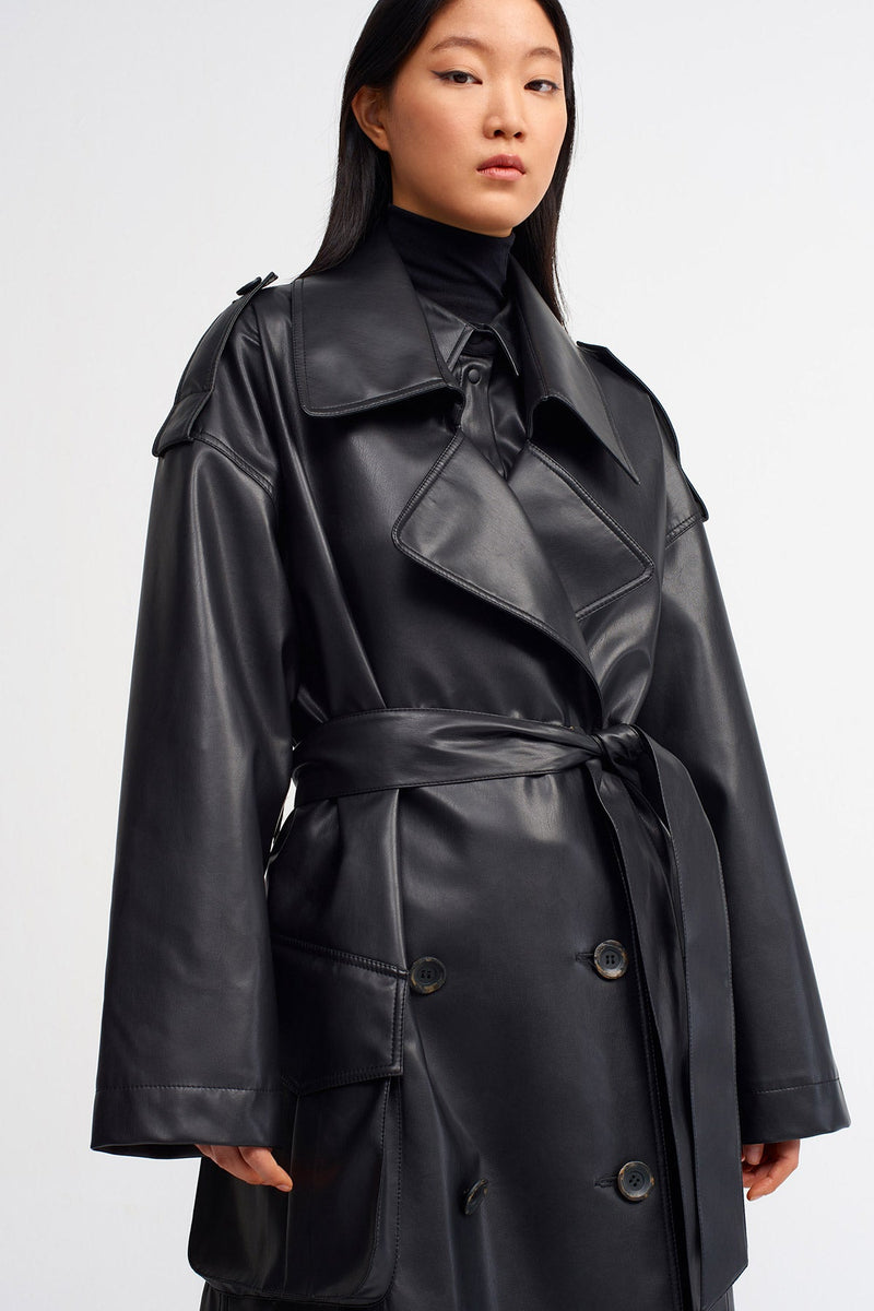 Nu Double Breasted Trendy Trench Coat Black